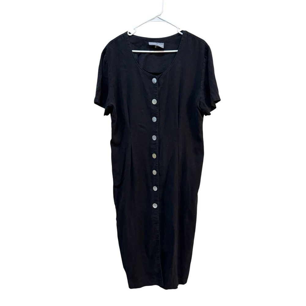 Vintage  Carol Anderson Dress Button Front Black 90s‎ USA Made Midi Linen Shell
